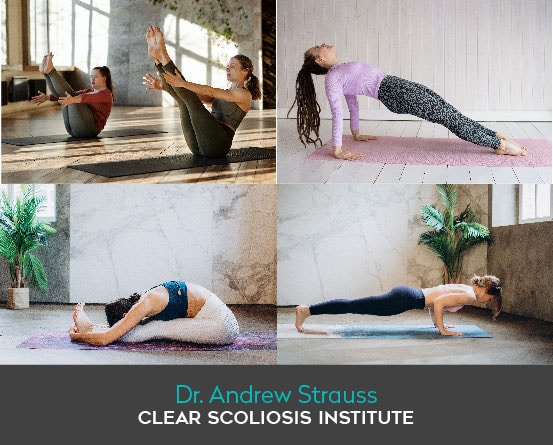yoga poses to use with caution with scoliosis: Paschimottanasana, Ardha Navasana, Purvottanasana, and Chaturangasana