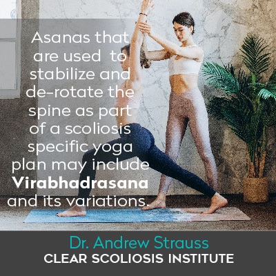 Yoga poses to avoid with scoliosis, woman positioning another woman into Virabhadrasana pose