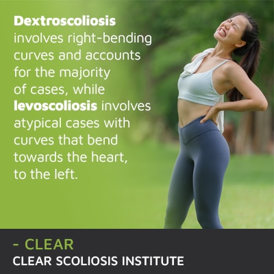 A visual representation of the quote from the text starting with “Dextroscoliosis involves right bending curves"